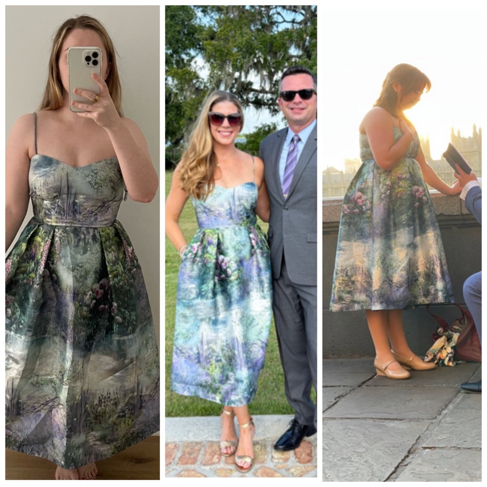 Monique Lhuillier Garden Print Metallic Spaghetti Strap Midi‎ Cocktail Dress 10